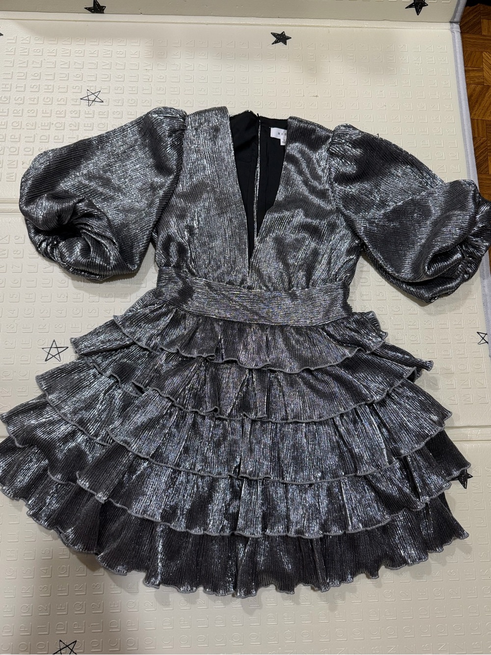 Metallic Silver Ruffle Party Dress